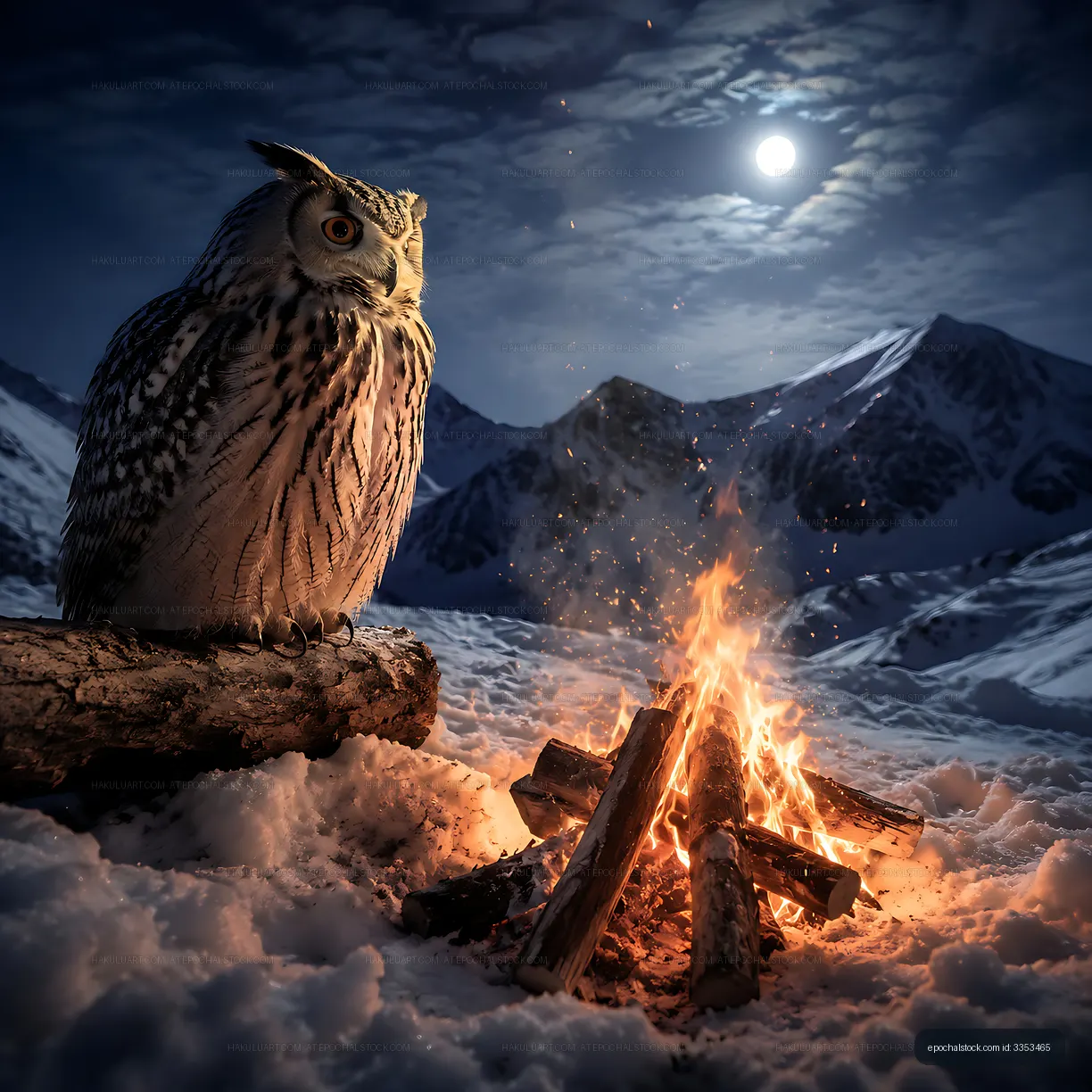 Owl sitting near a campfire in snowy mountains at night