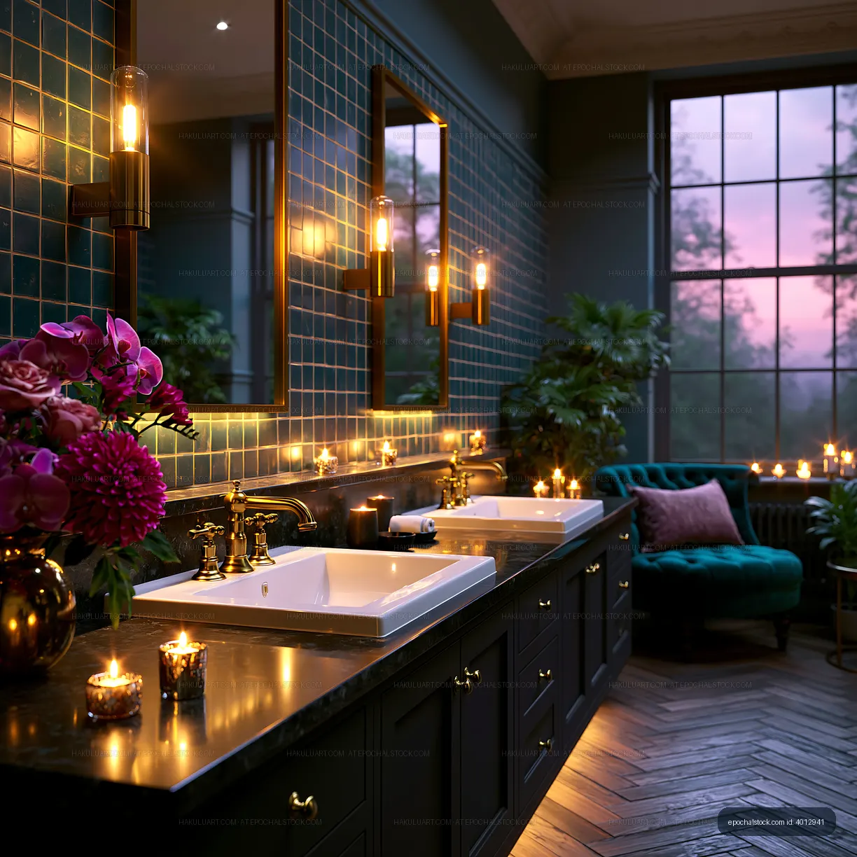 Warm luxury bathroom with twin sinks and candlelight