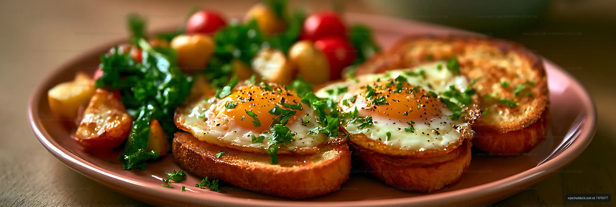 Close-up plate of fried eggs on toast with vegetables