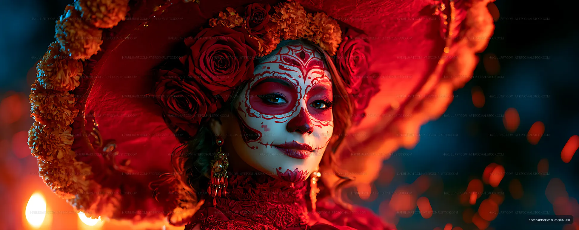 Woman wearing floral headpiece and decorative face paint