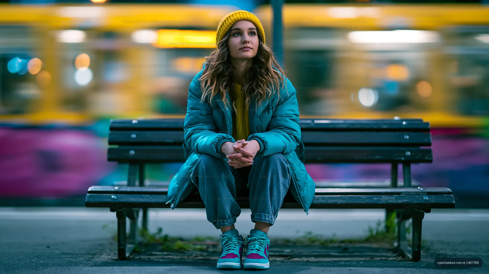 Seated woman on a bench with colorful city lights behind