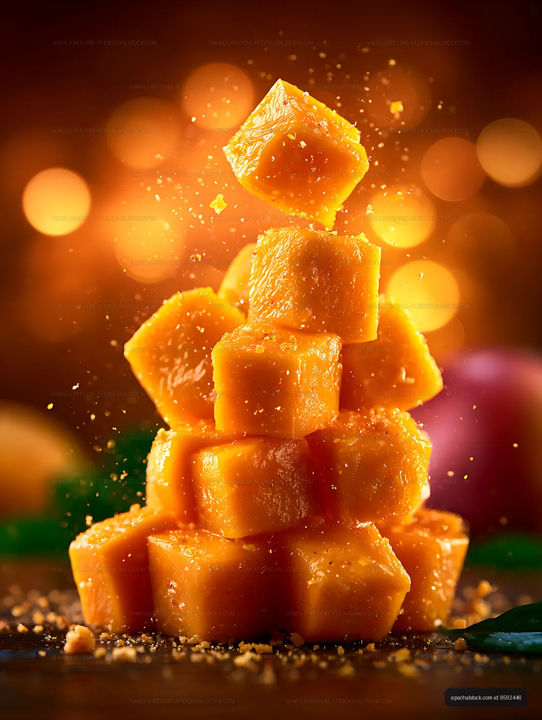 Vibrant stacked orange fruit cubes with glowing bokeh