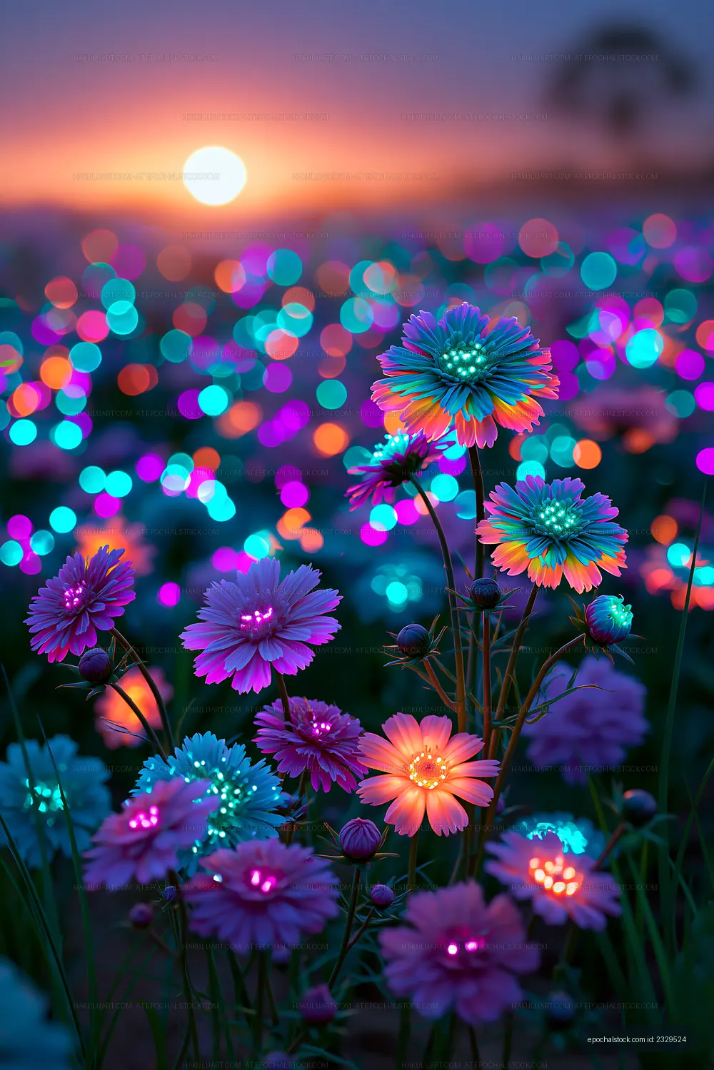Colorful flowers glowing at sunset in a vibrant field