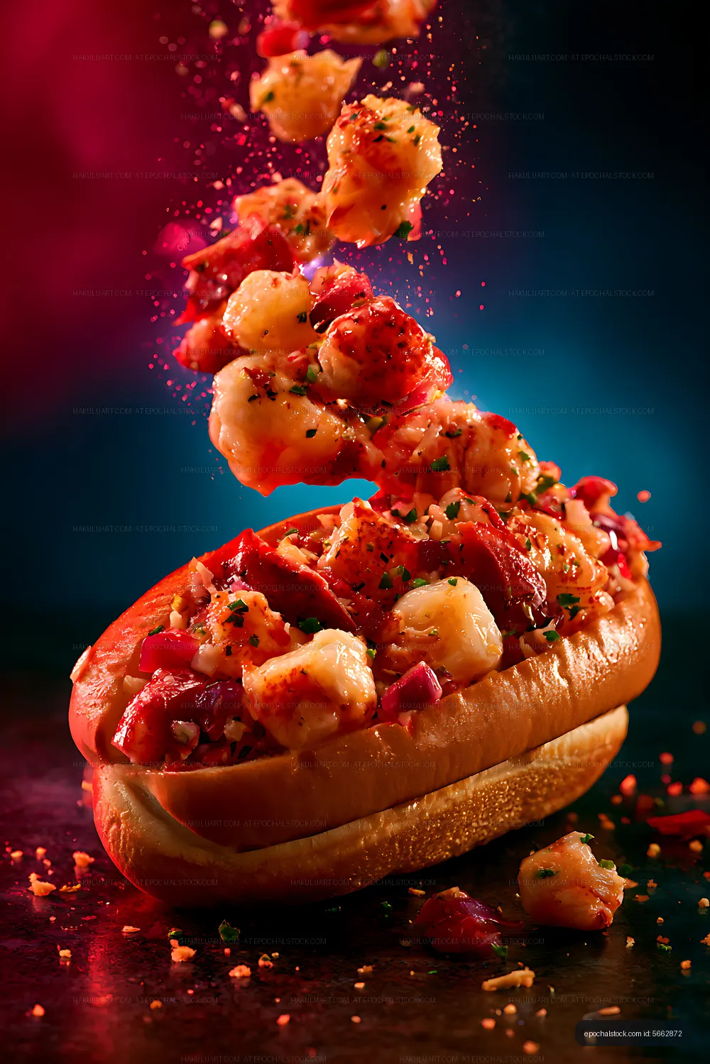 Lobster roll with herbs and flying food particles