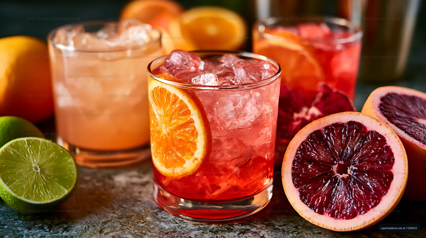 Red citrus cocktail with orange garnish and blood oranges