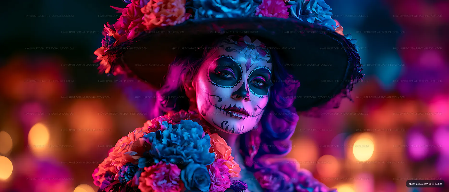 Vibrant close portrait with skull face paint and floral accessories