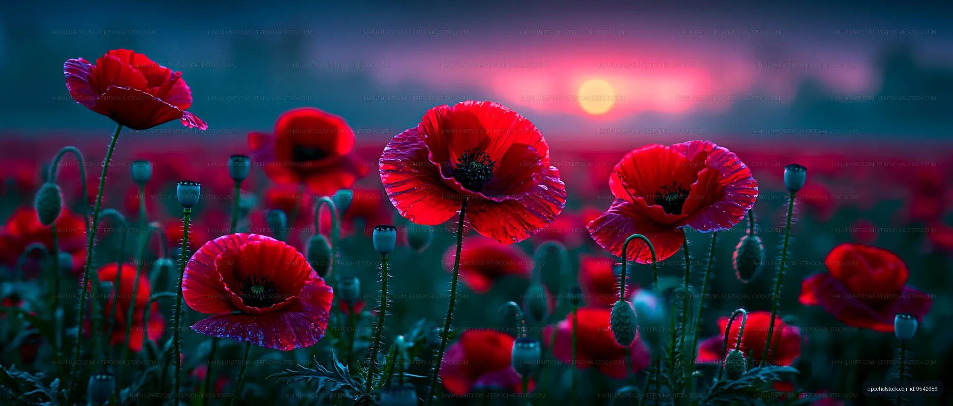 Sunset over a field of red poppy flowers