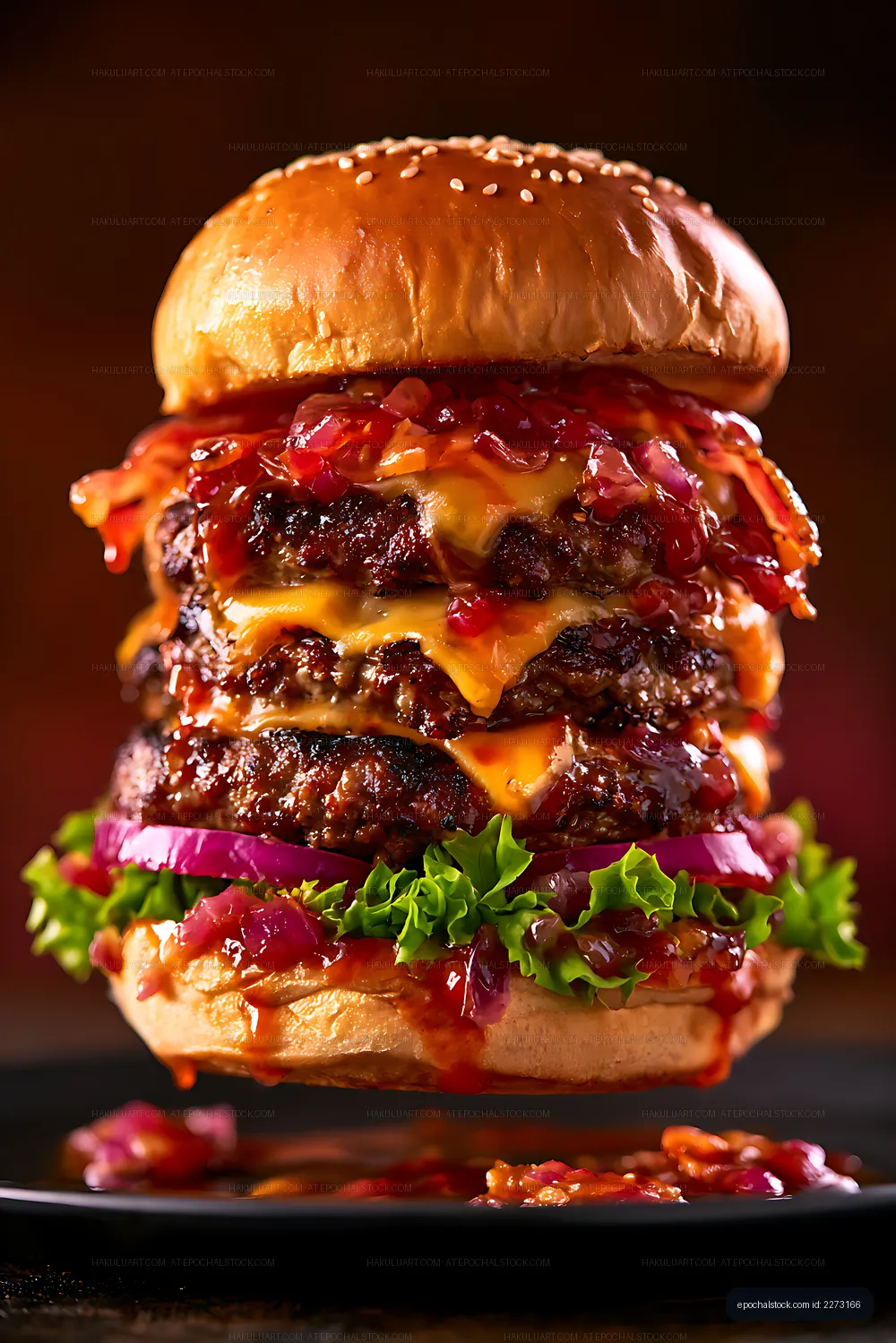 Triple cheeseburger with melted cheese and colorful toppings