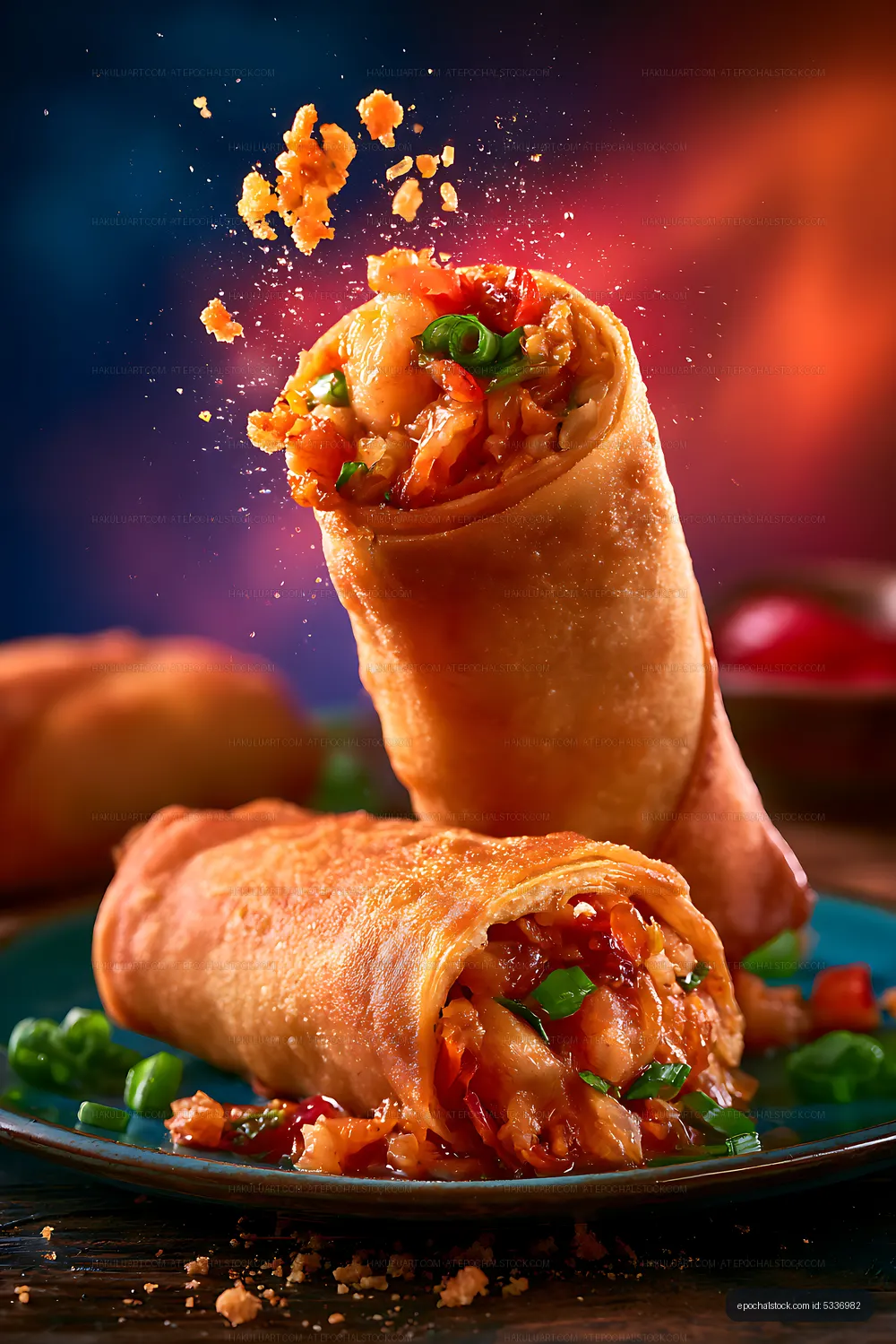 Dramatic close-up of saucy vegetable wraps