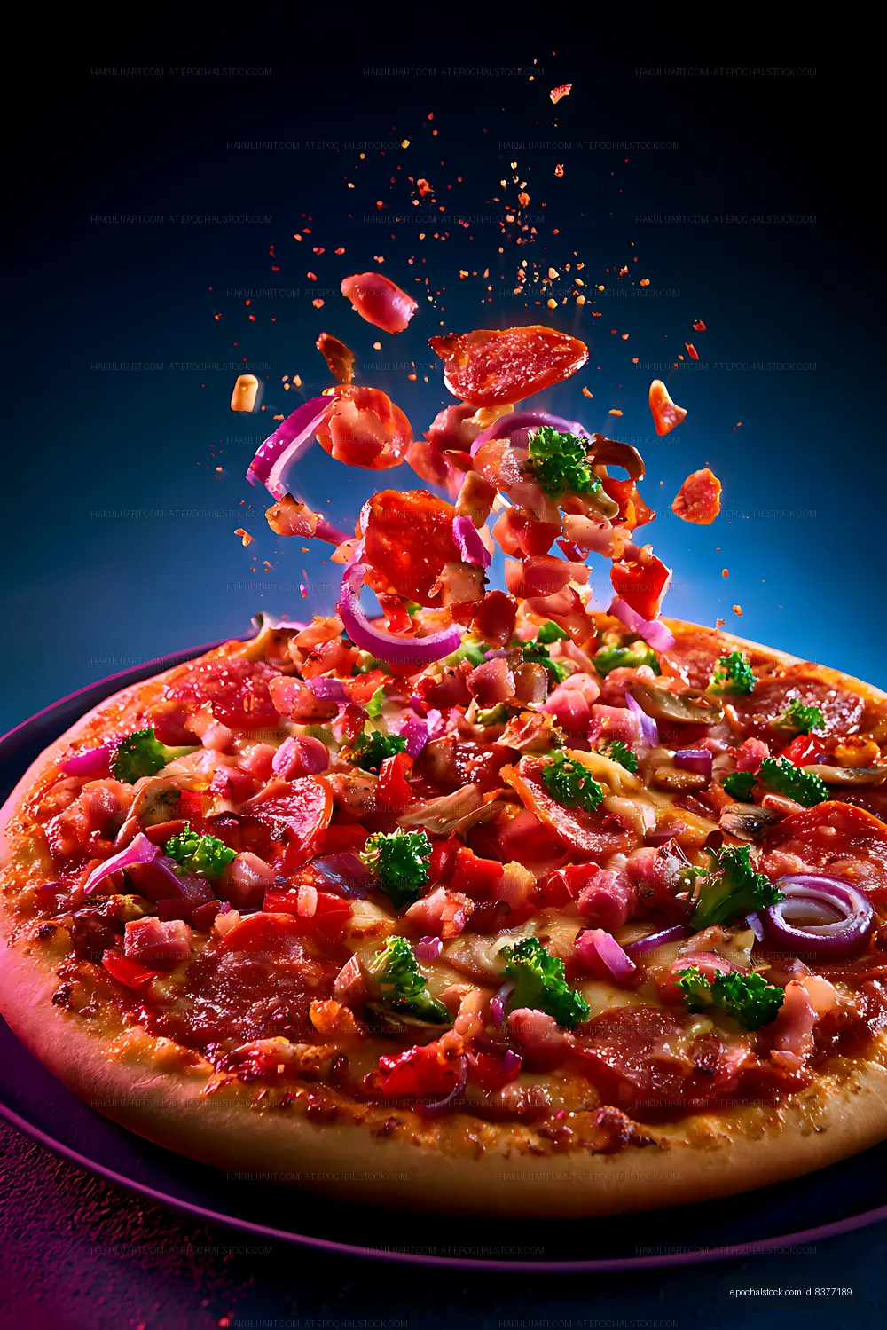 Dramatic close-up of pizza with airborne toppings