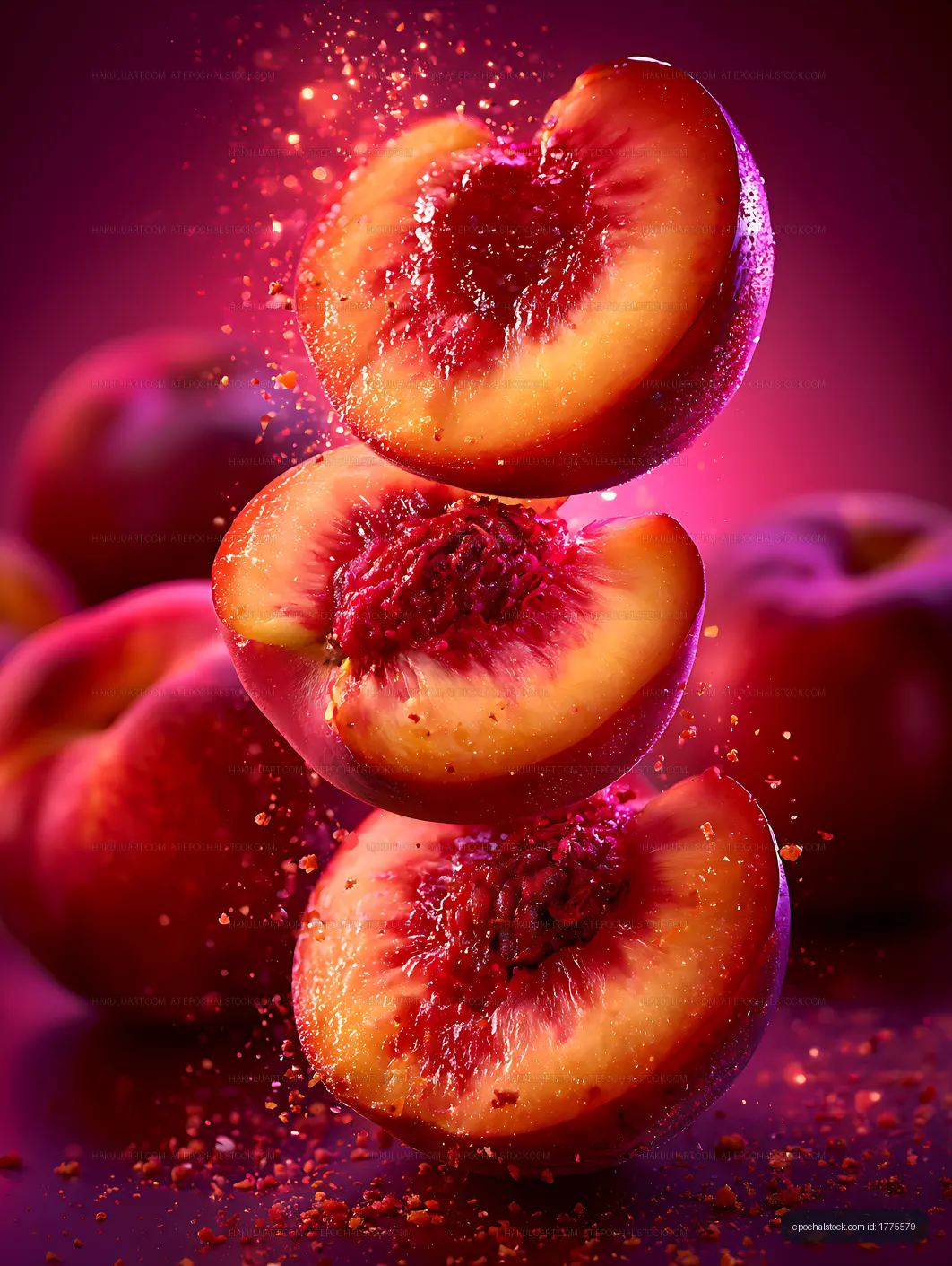 Three sliced peaches in vivid red and magenta light