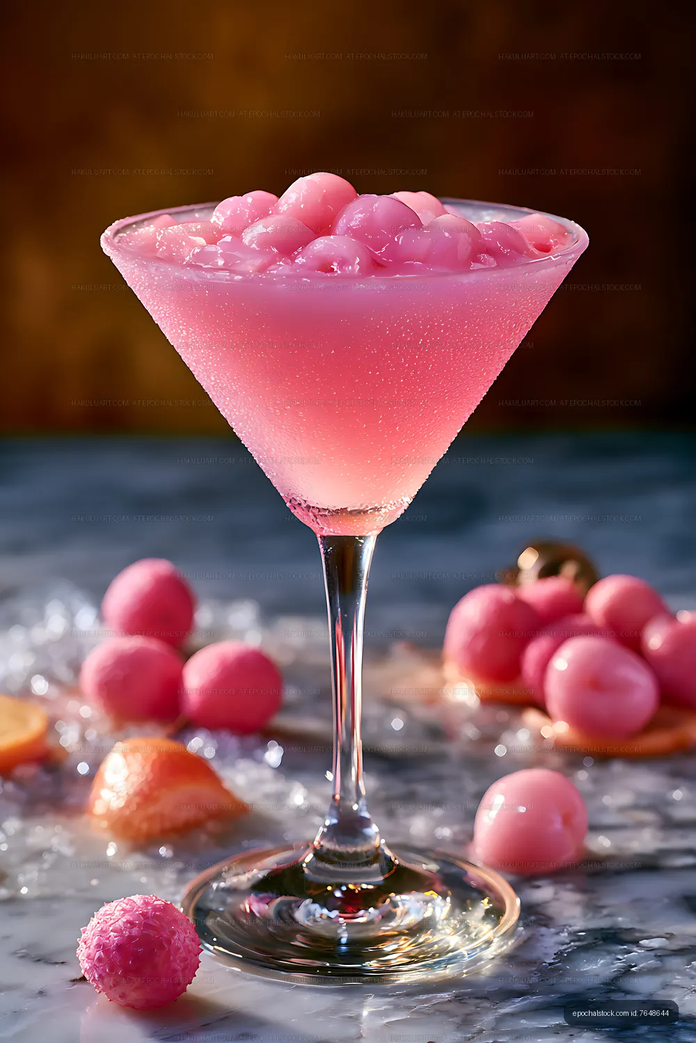 Vibrant pink fruit cocktail on a reflective table
