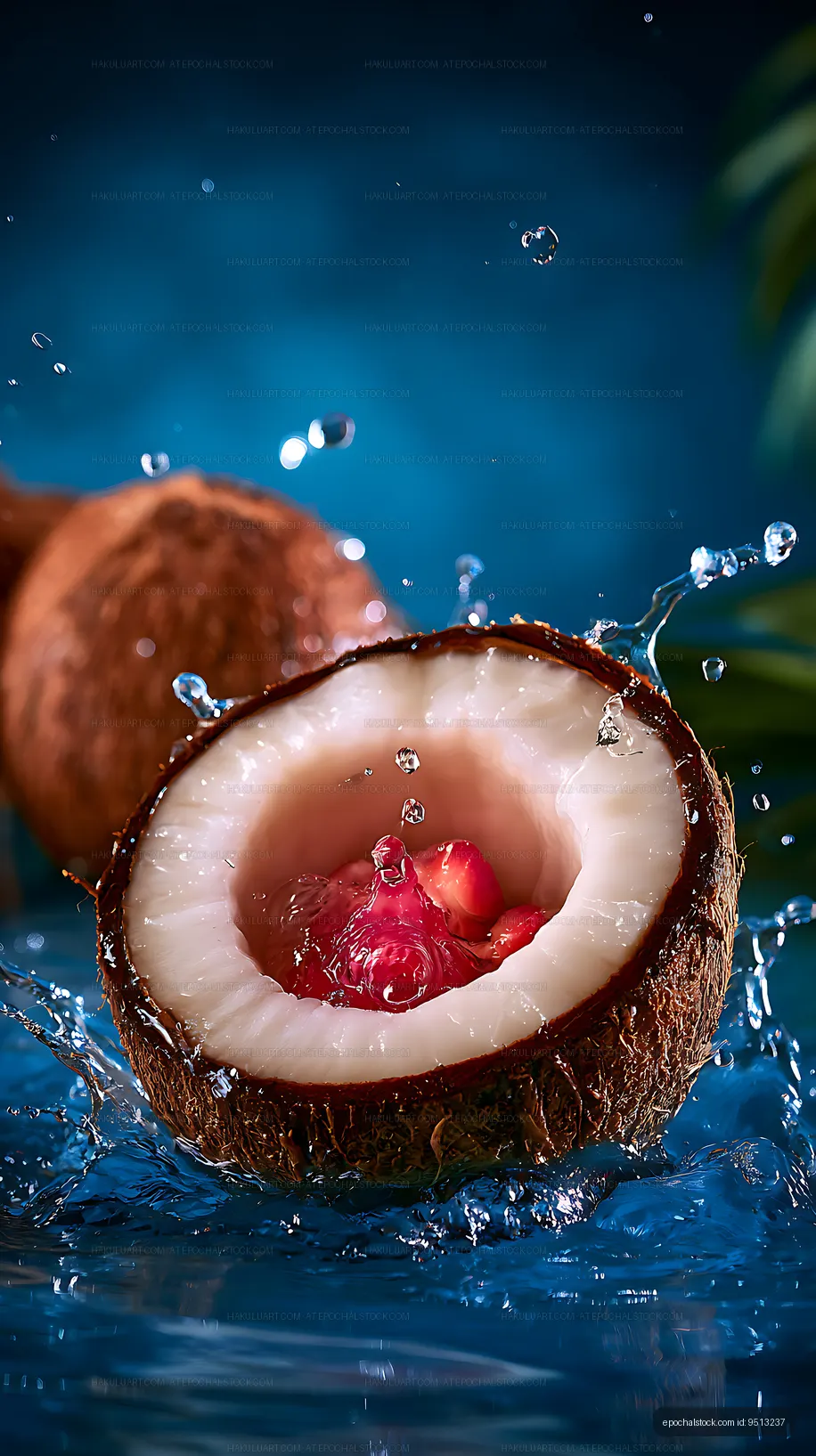 Tropical coconut with red fruit and water droplets