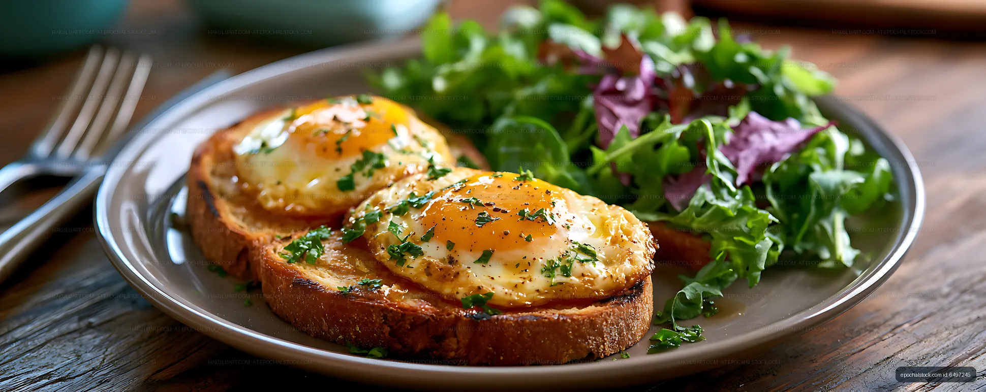 Close View of Eggs Served on Toast with Leafy Salad
