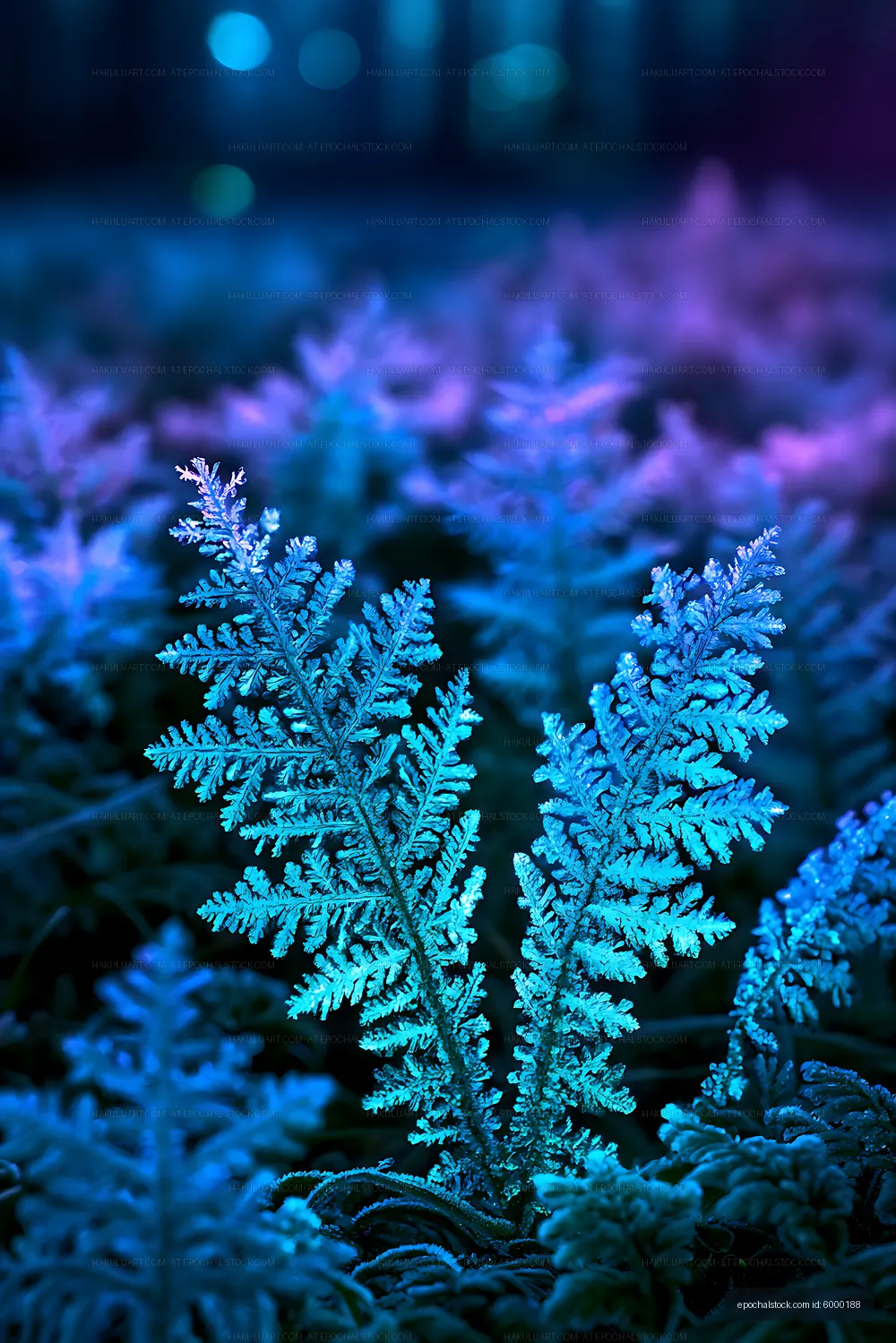 Blue fern leaves against a dreamy purple background