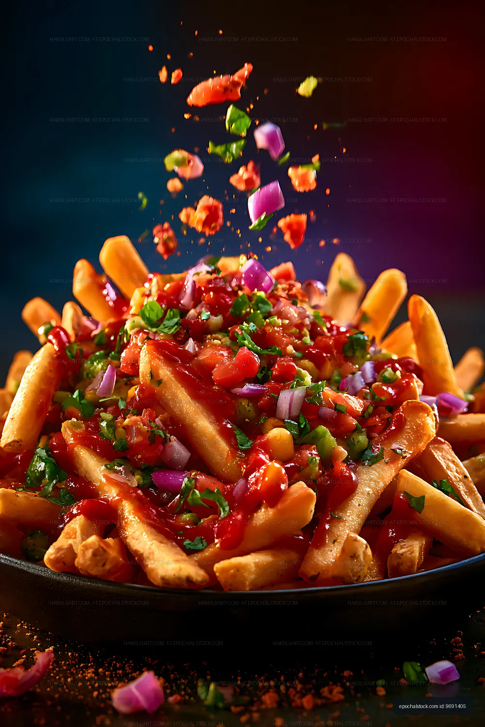 Close-up plate of loaded fries with colorful toppings