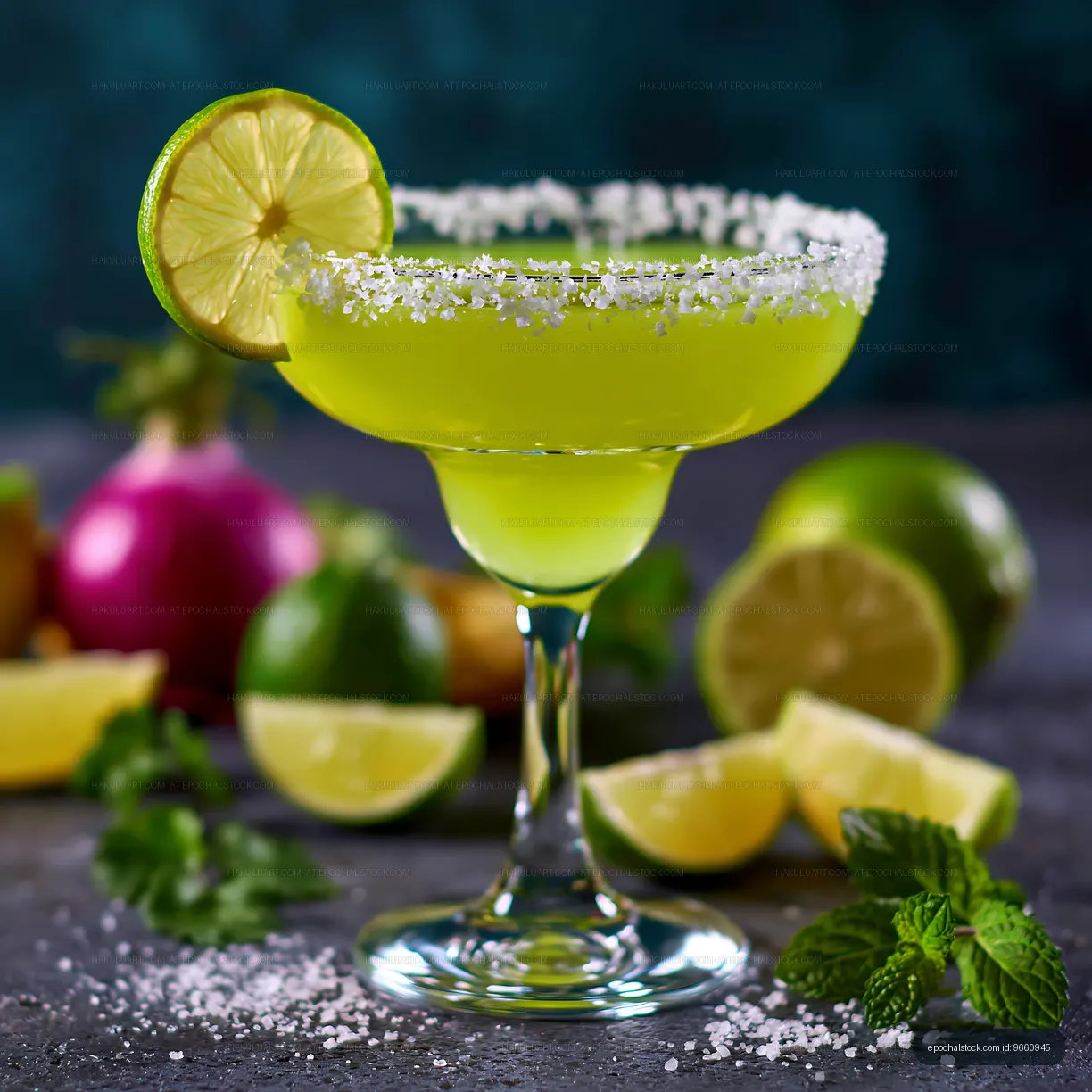 Salt-rimmed lime cocktail surrounded by citrus and herbs