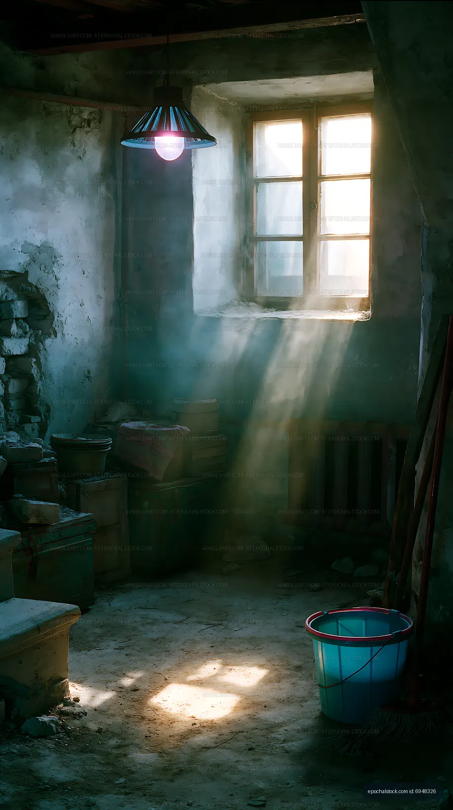 Sunbeams illuminate a weathered room with an old window