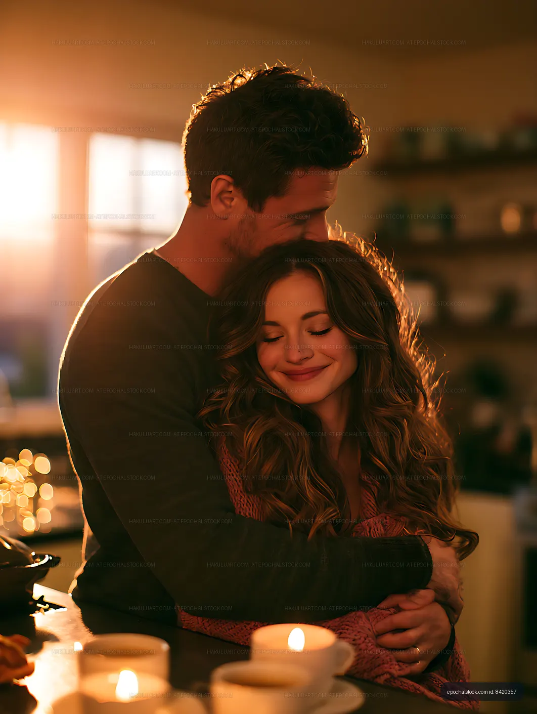 Romantic couple sharing a warm candlelit embrace