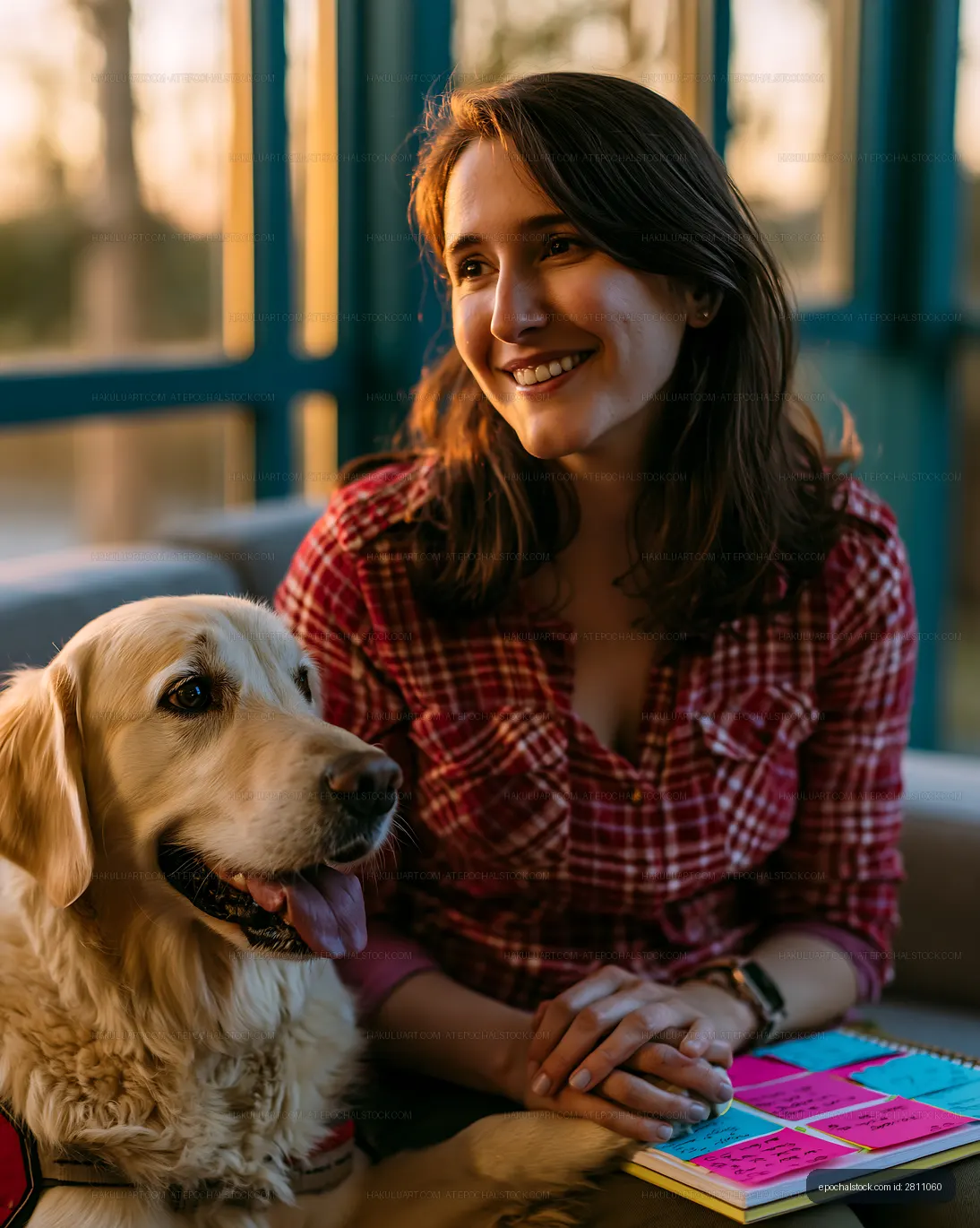 Smiling woman with golden dog and colorful notes