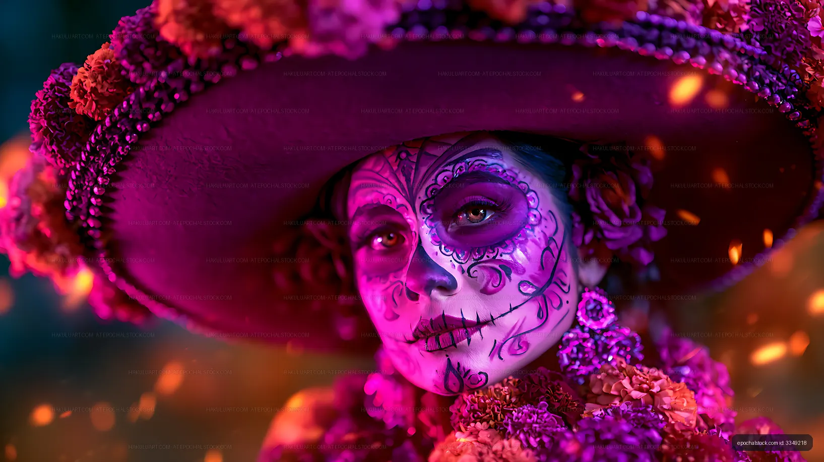 Vivid portrait with decorative face paint and flower-adorned hat