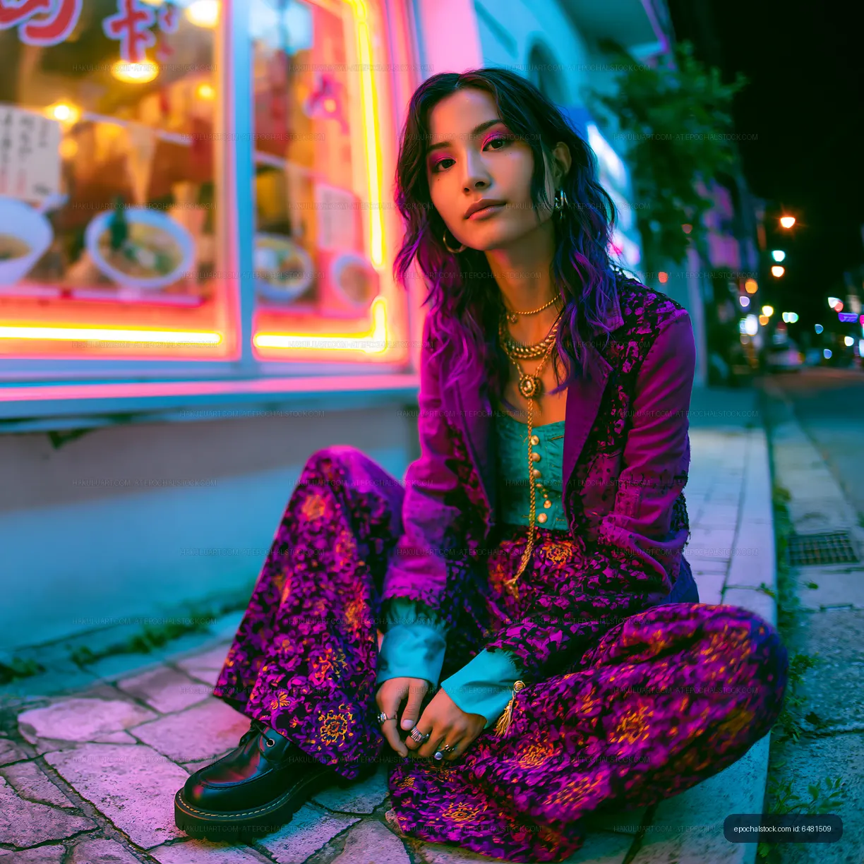 Woman in patterned outfit seated under colorful neon city lights