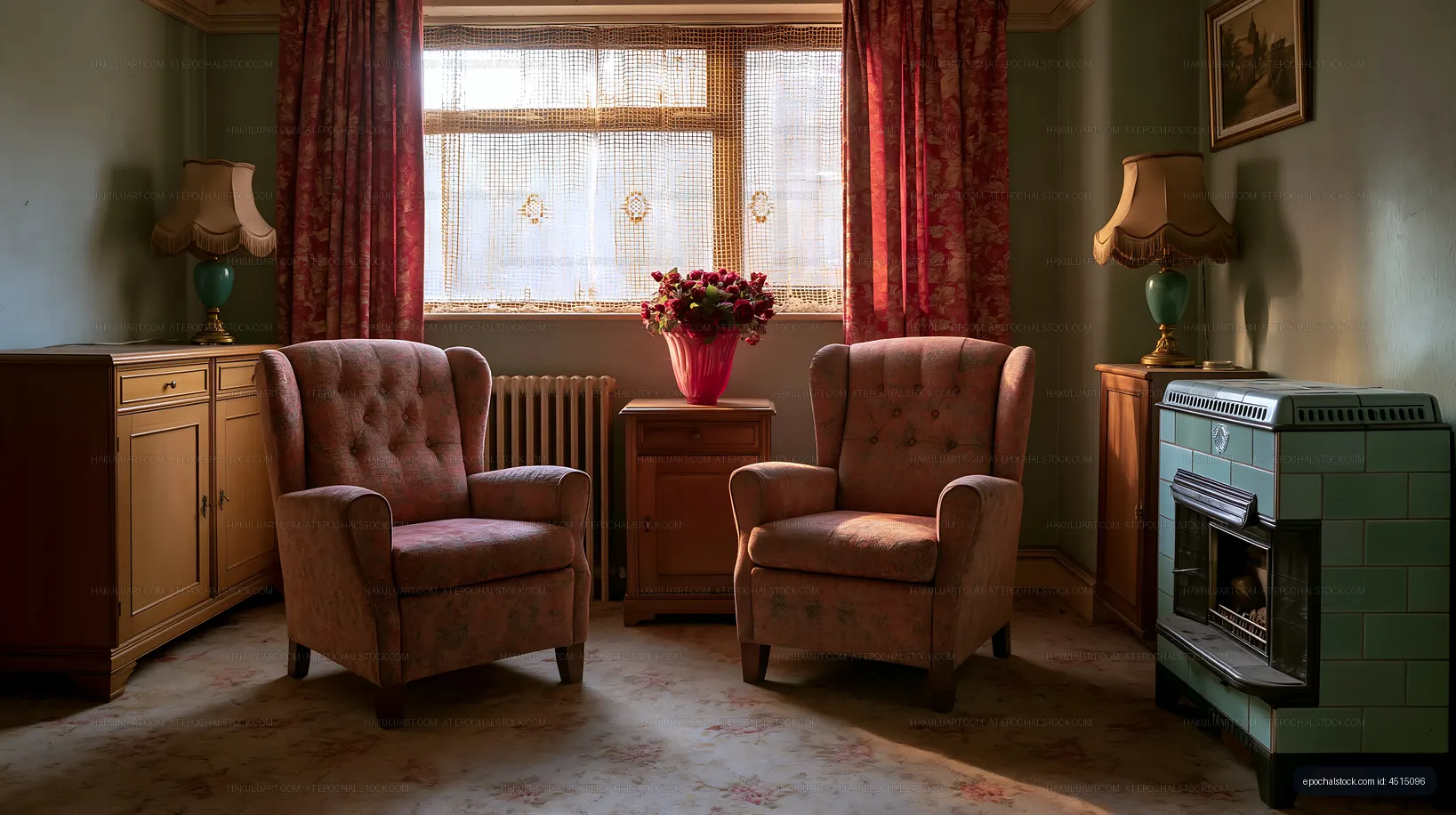 Classic living room interior with armchairs and tiled heater