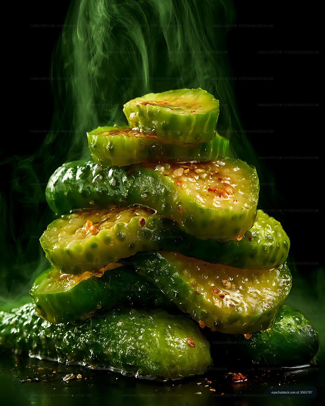 Close-up stack of seasoned pickle slices