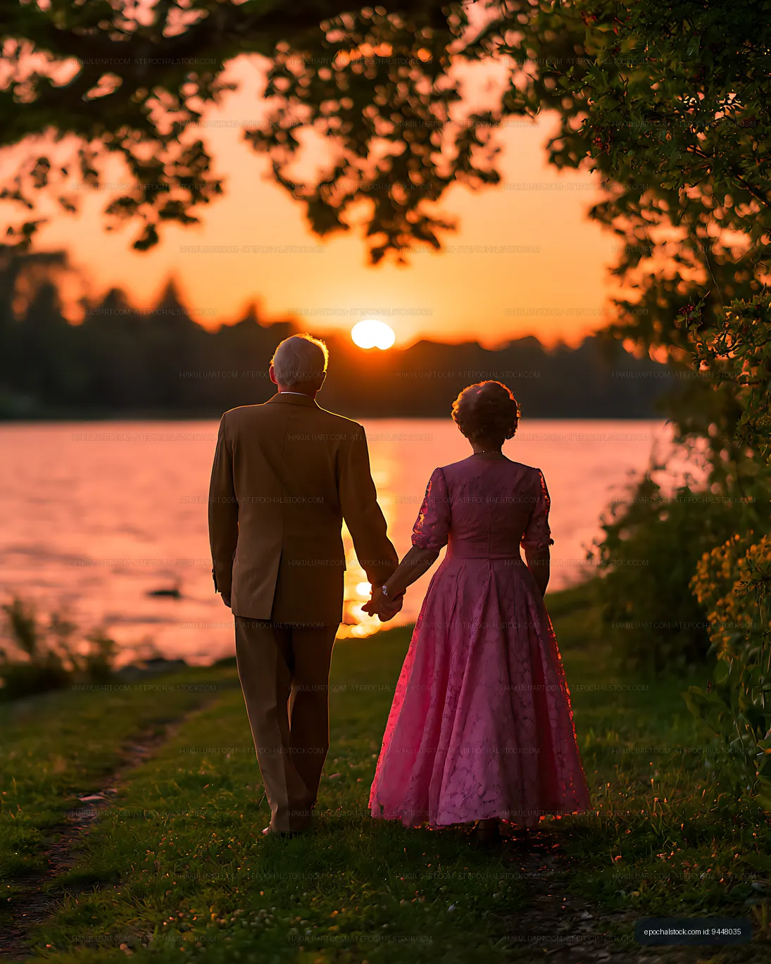 Two people walking hand in hand beside a sunset lake