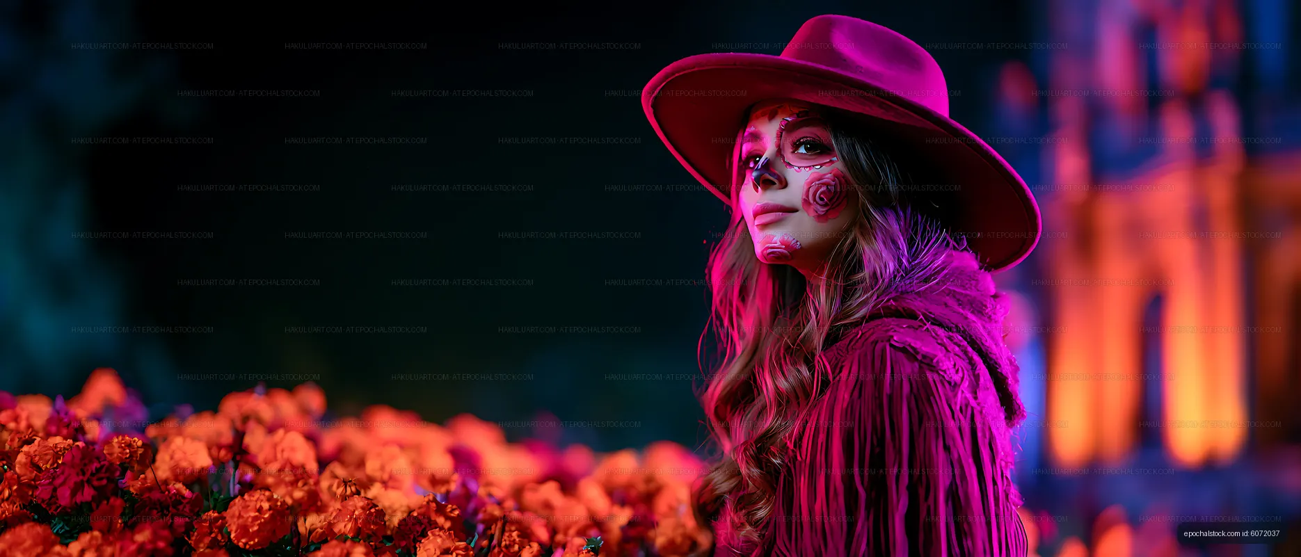 Woman with decorative face paint and hat beside orange flowers