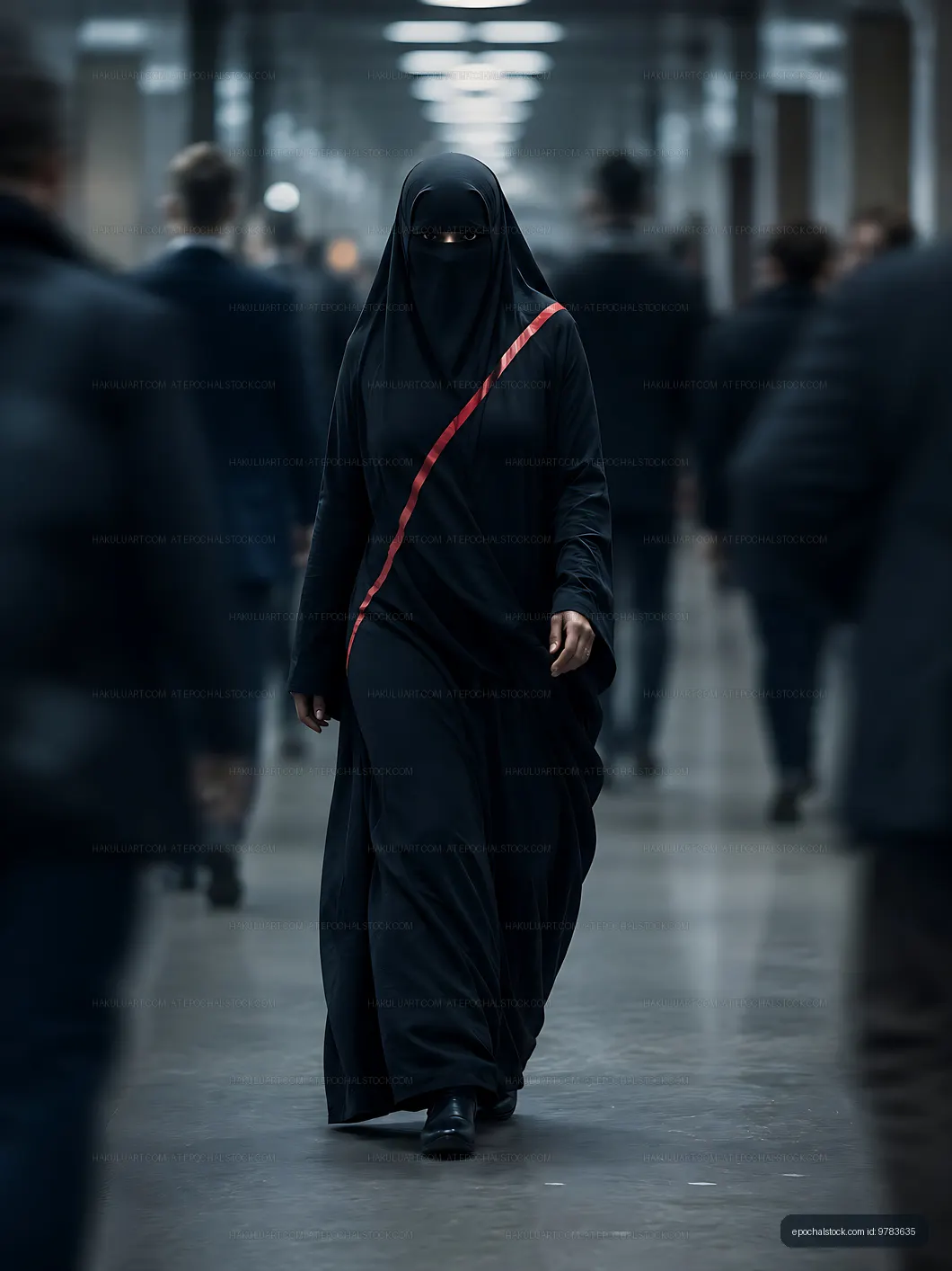 Woman in black attire walking in a busy corridor