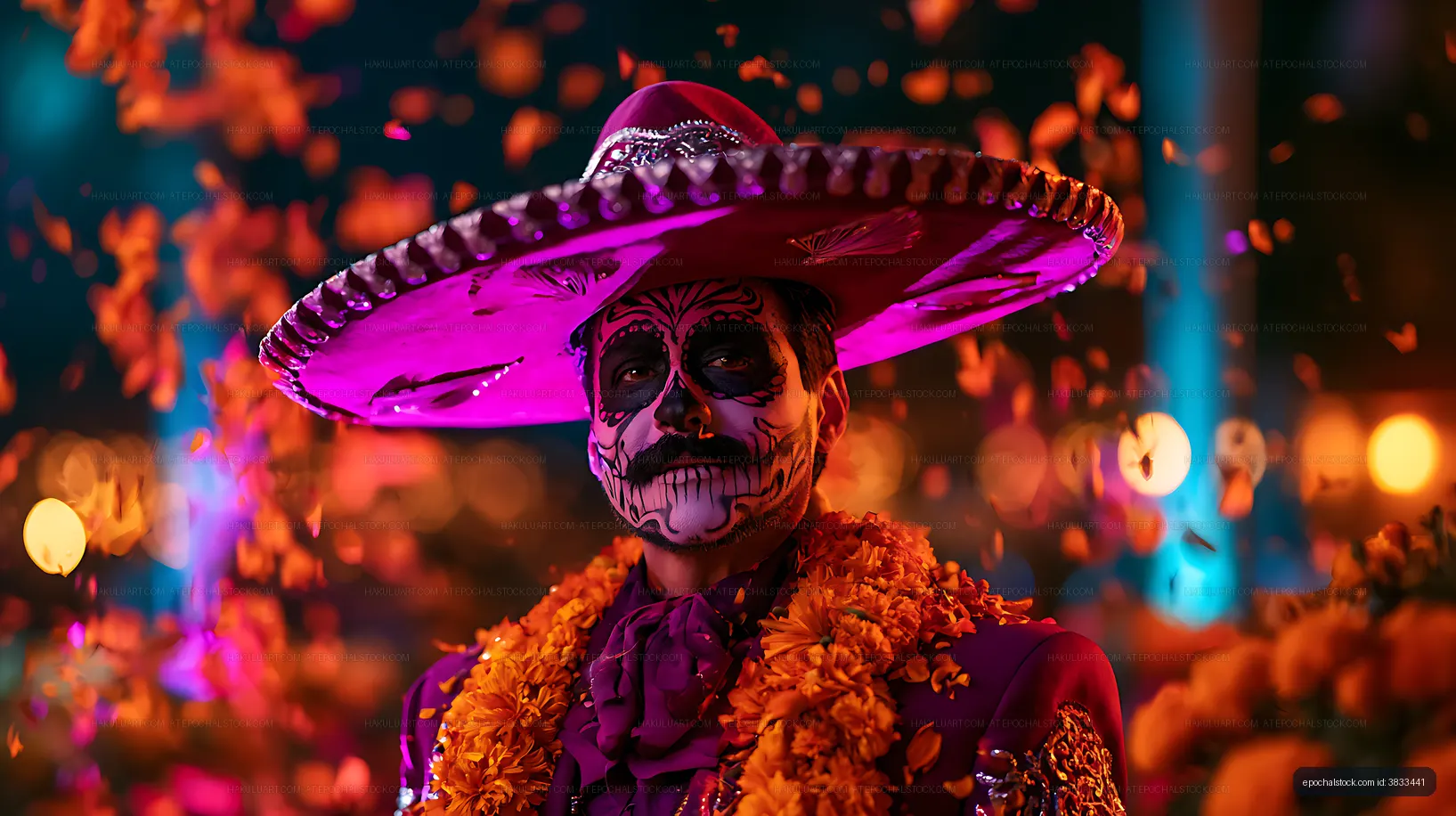 Person wearing skull makeup, sombrero, and orange flower garlands