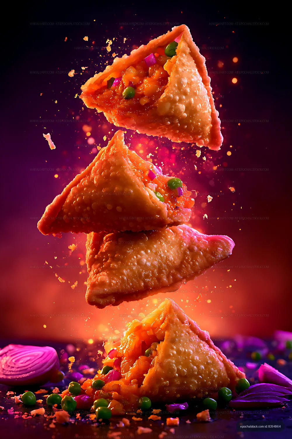 Samosas floating above colorful spices and ingredients
