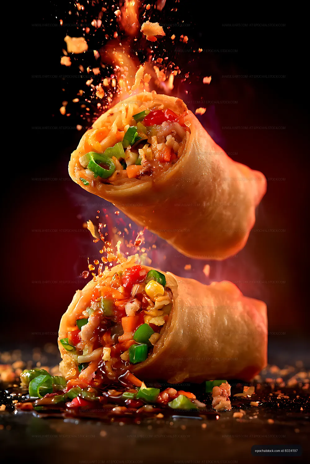Dramatic close-up of vegetable-filled wraps