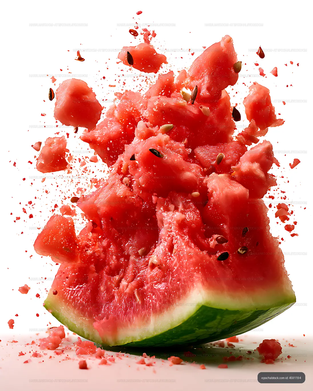 Exploding watermelon wedge with scattered seeds