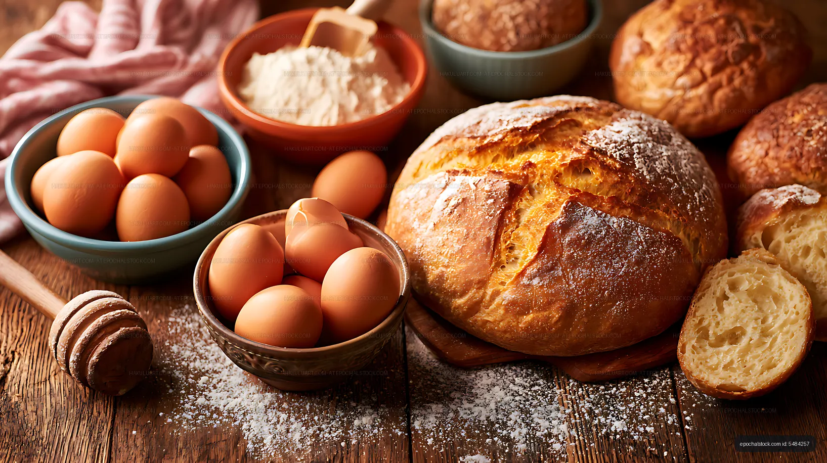 Fresh bread and baking ingredients in a rustic tabletop still life