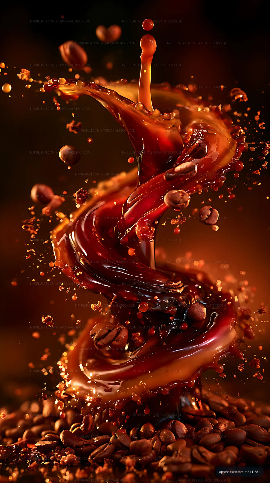 Coffee splash with beans in dramatic warm light
