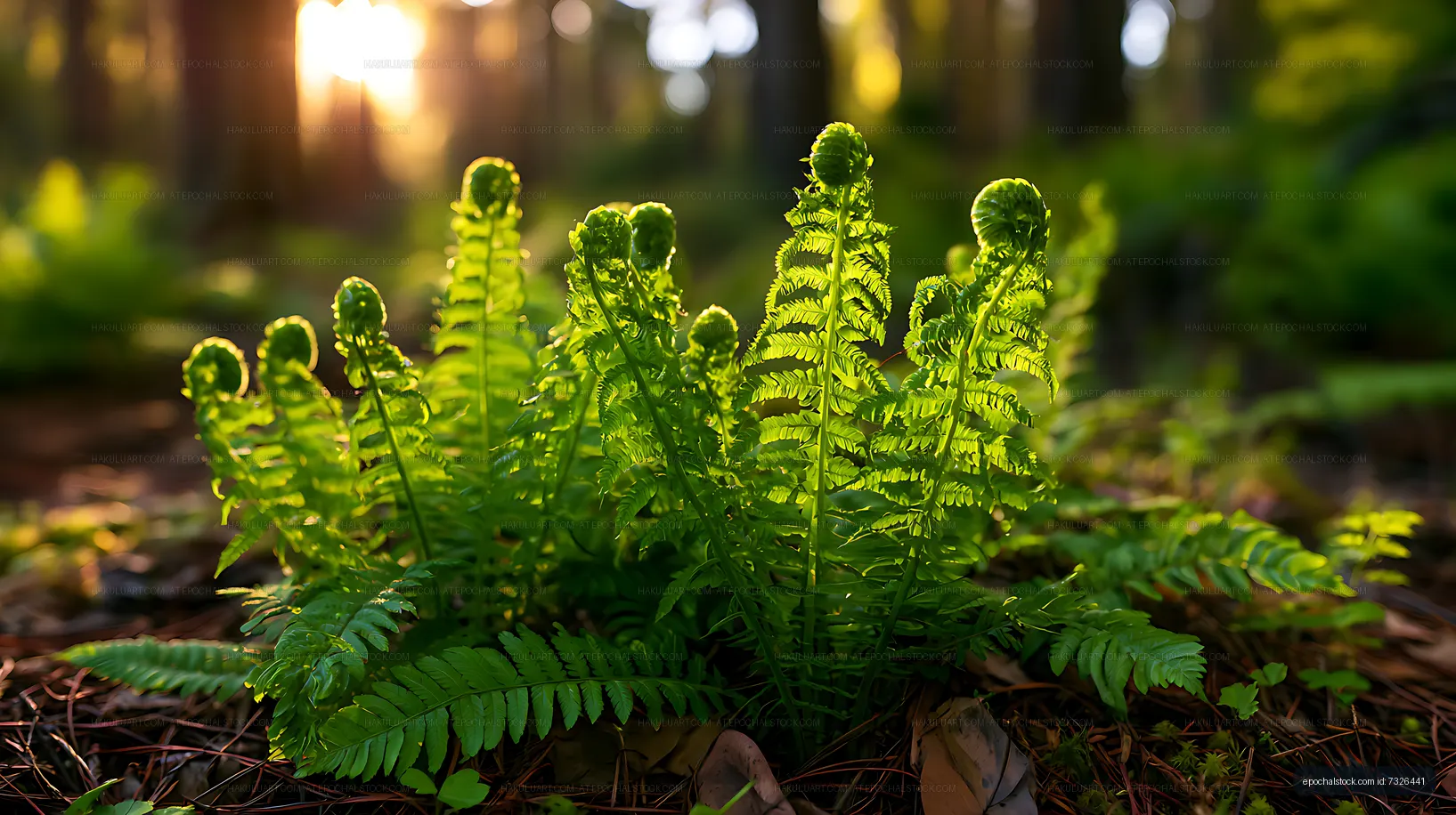 Lush fern fronds glowing in filtered forest light