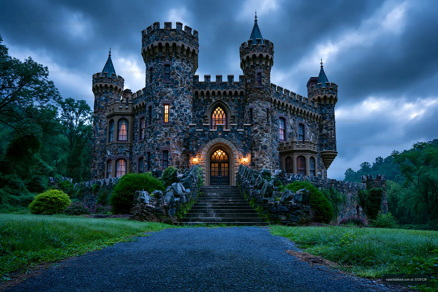 Dramatic evening view of a stone castle and forest