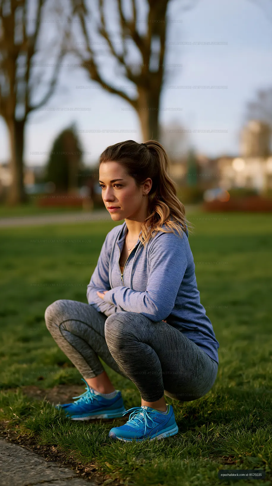 Woman holding a squat position on park grass