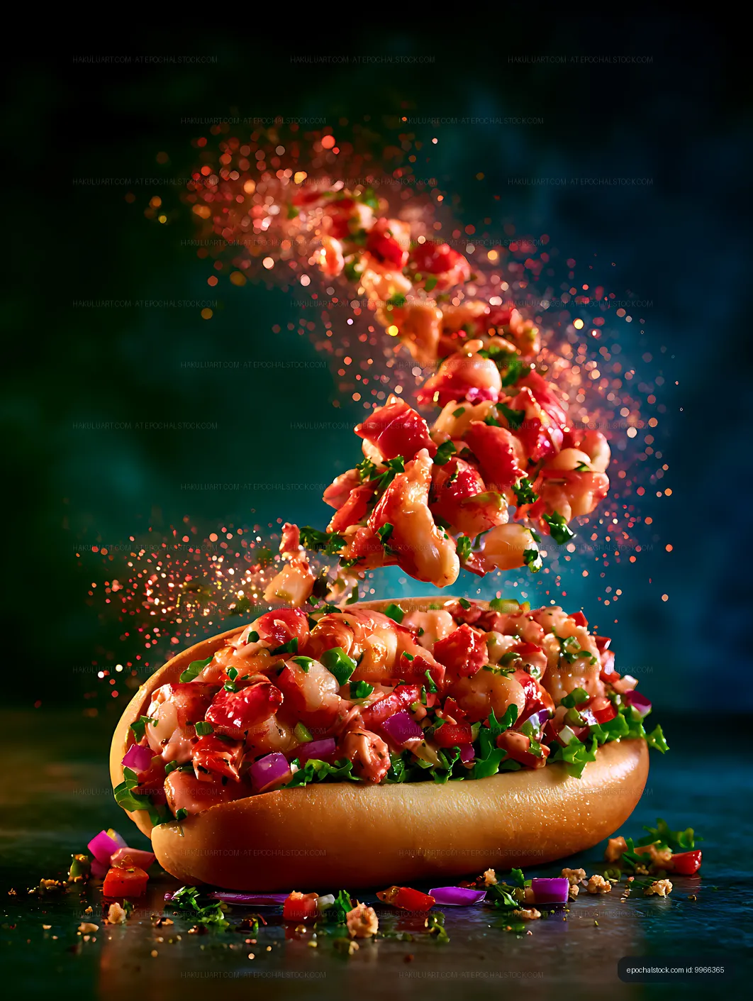 Dramatic close-up of a loaded vegetable-topped hot dog