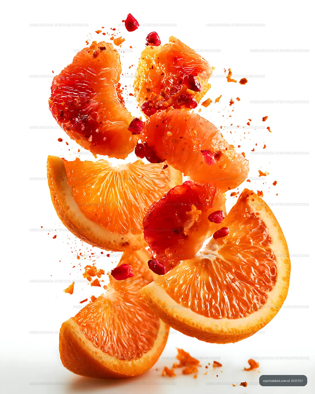 Floating orange slices with scattered fruit fragments