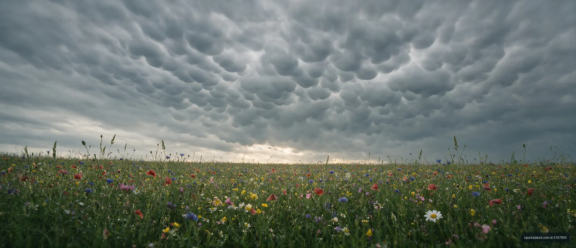 Cloudy sky over a field of wildflowers in a rural area