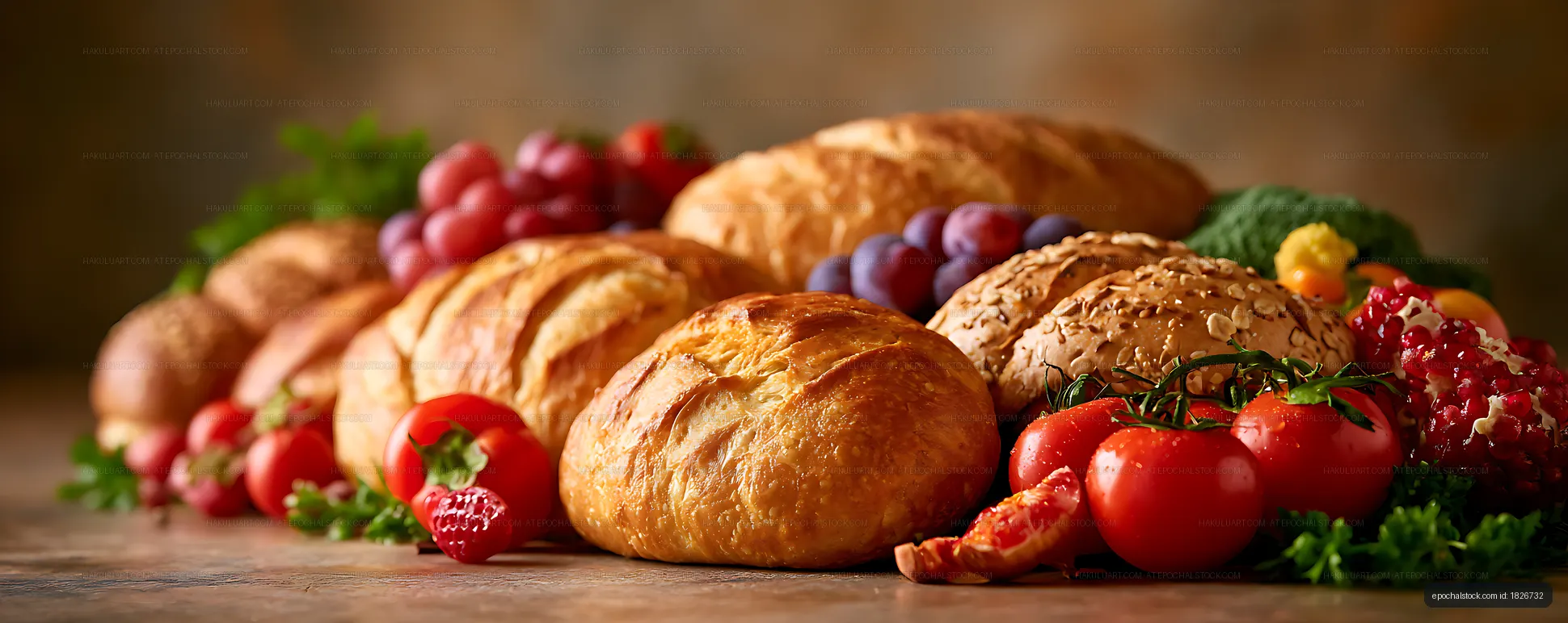 Artisan loaves surrounded by fresh produce