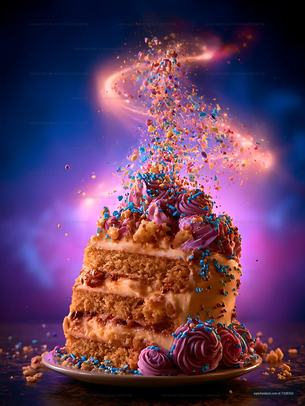 Colorful celebration cake with dramatic flying sprinkles
