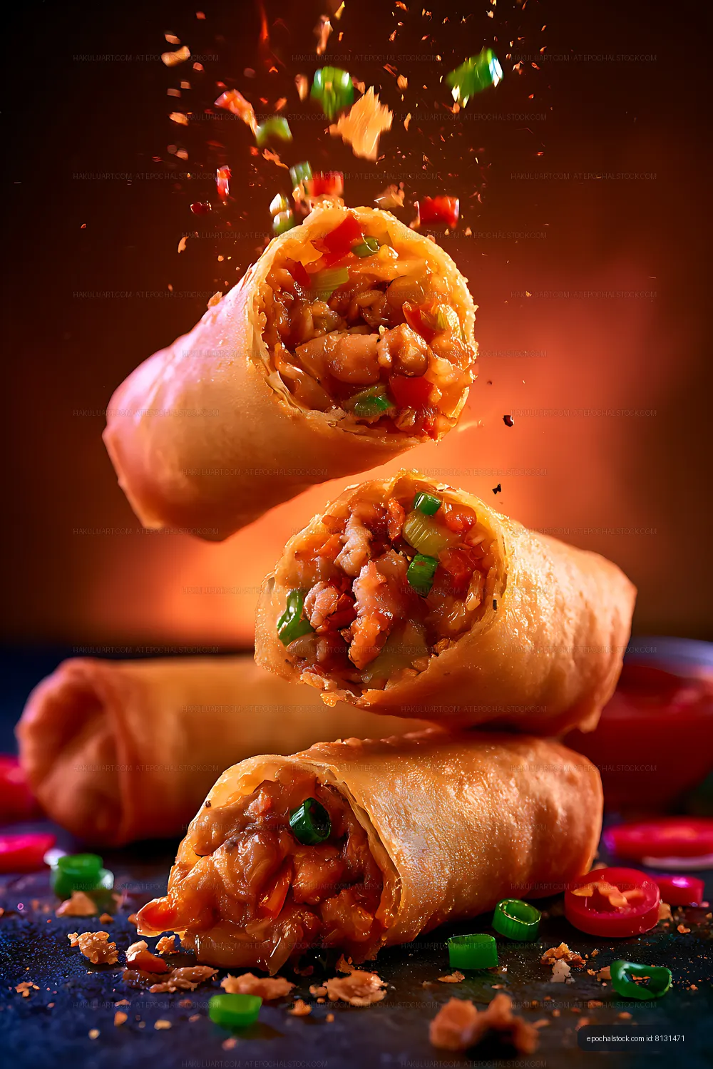 Stacked filled wraps in dramatic warm lighting