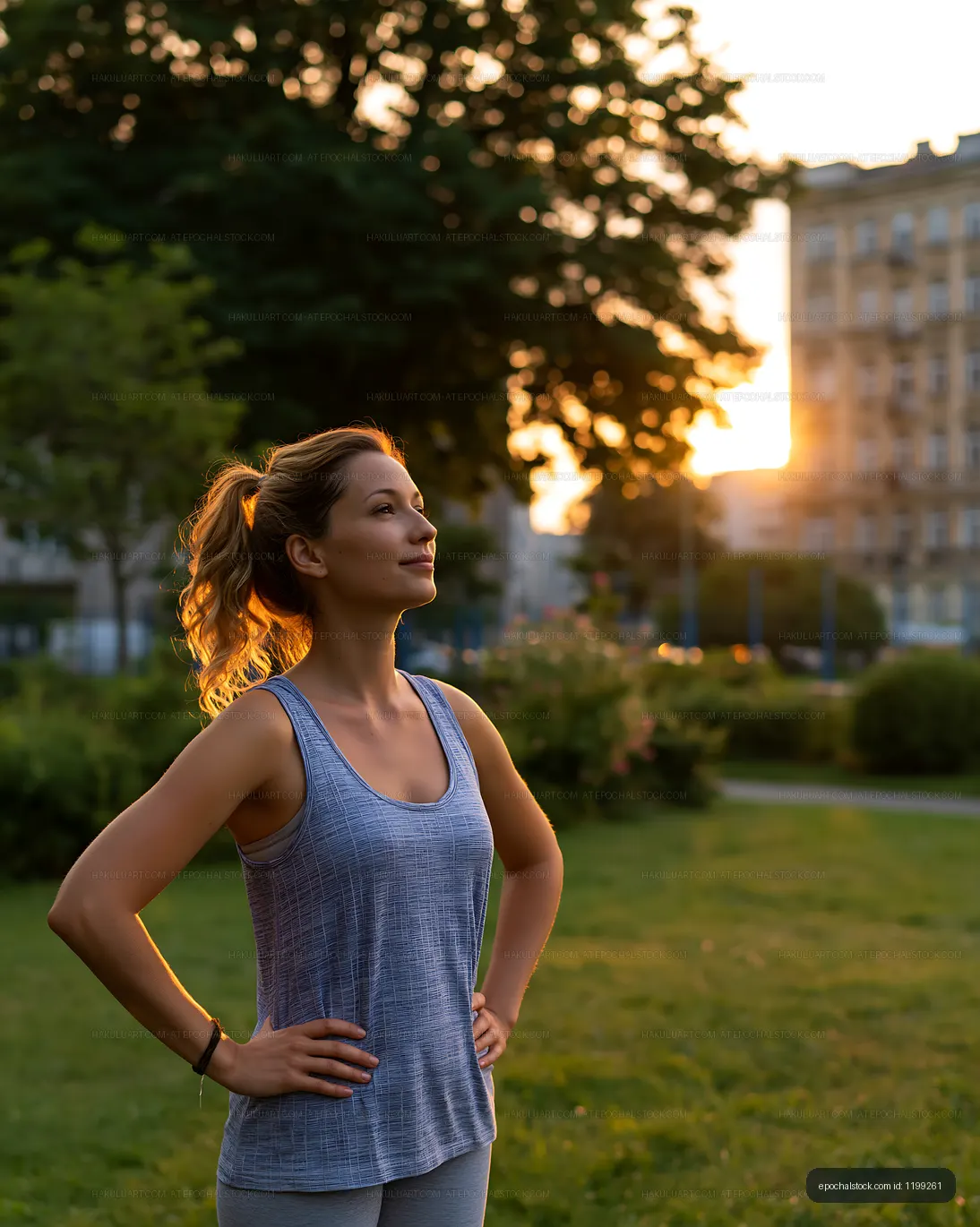 Woman exercises outdoors at sunset in city park