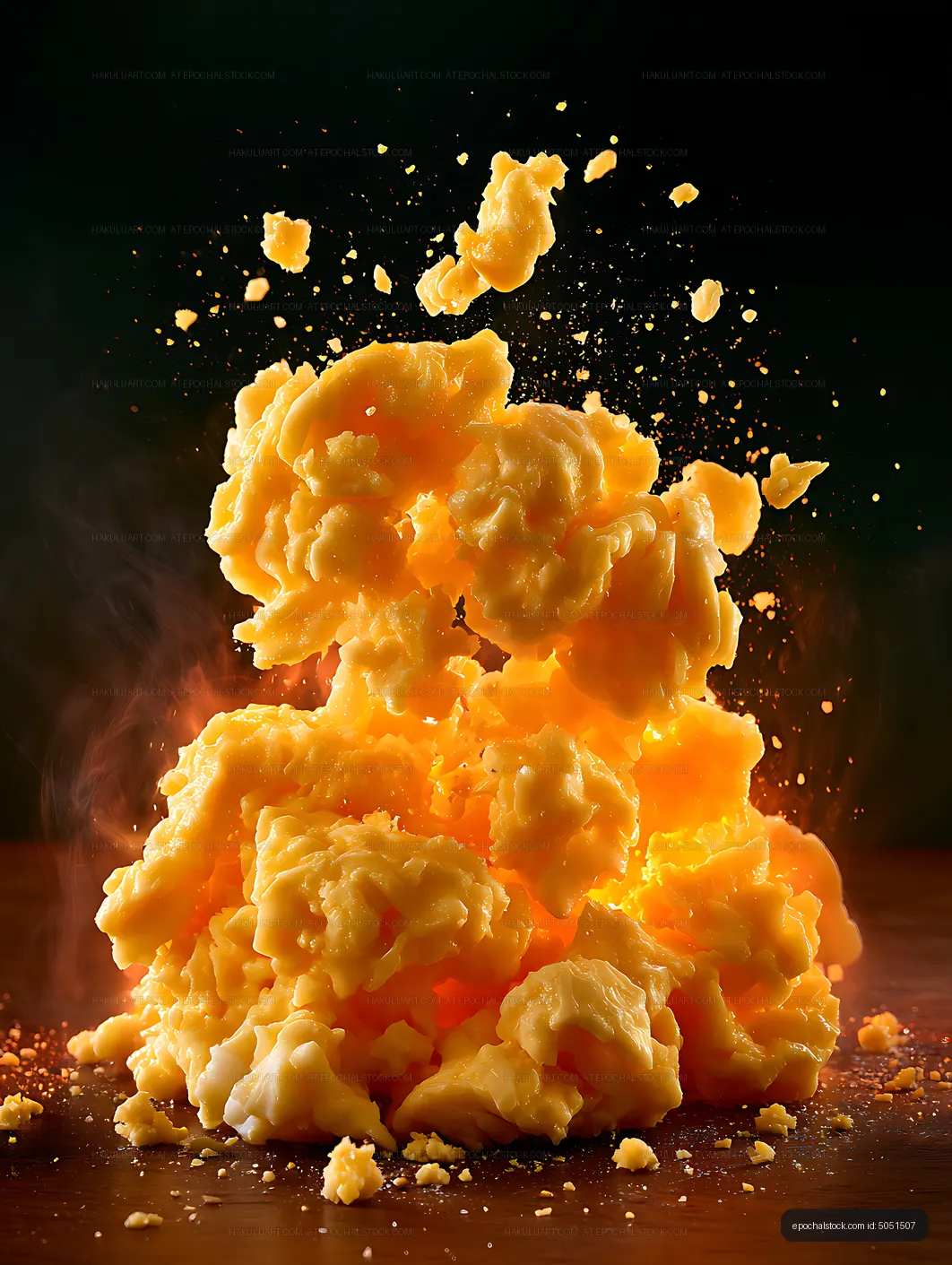 Dramatic melted cheese explosion with flying fragments