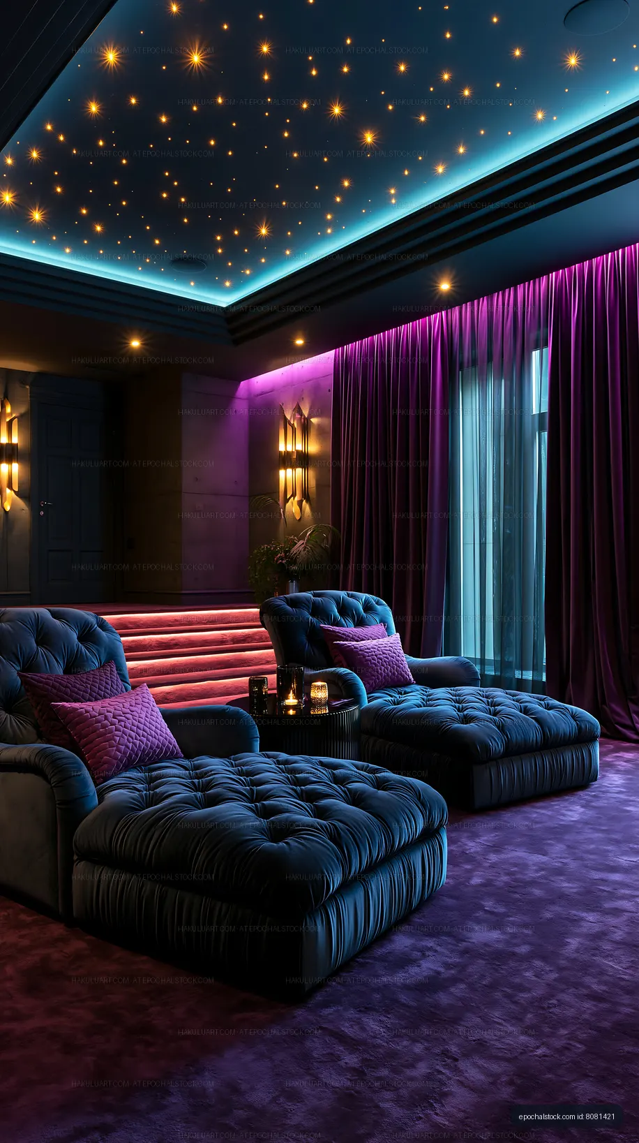 Moody luxury lounge with blue velvet seating