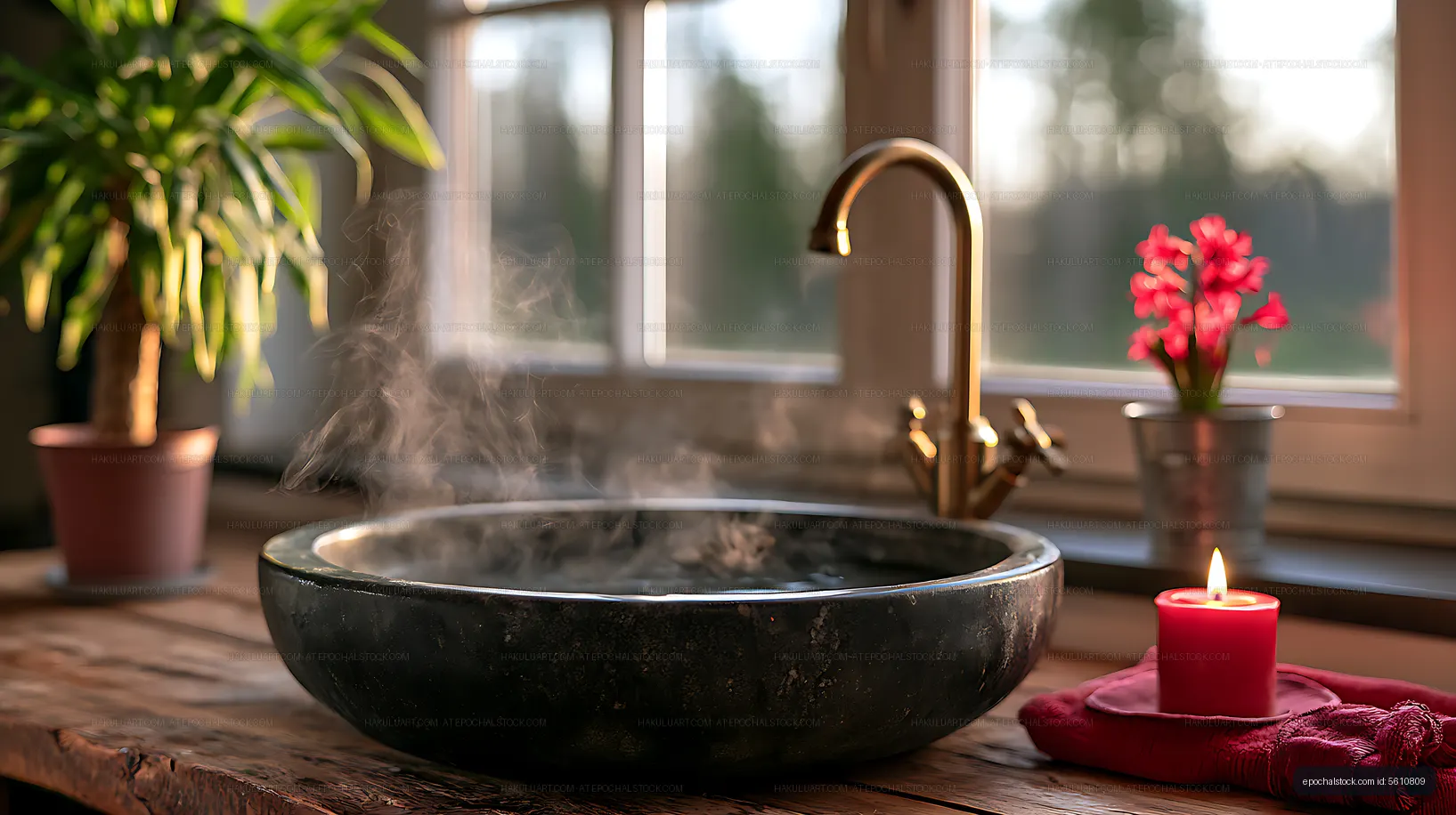 Steaming water bowl in a sunlit kitchen interior